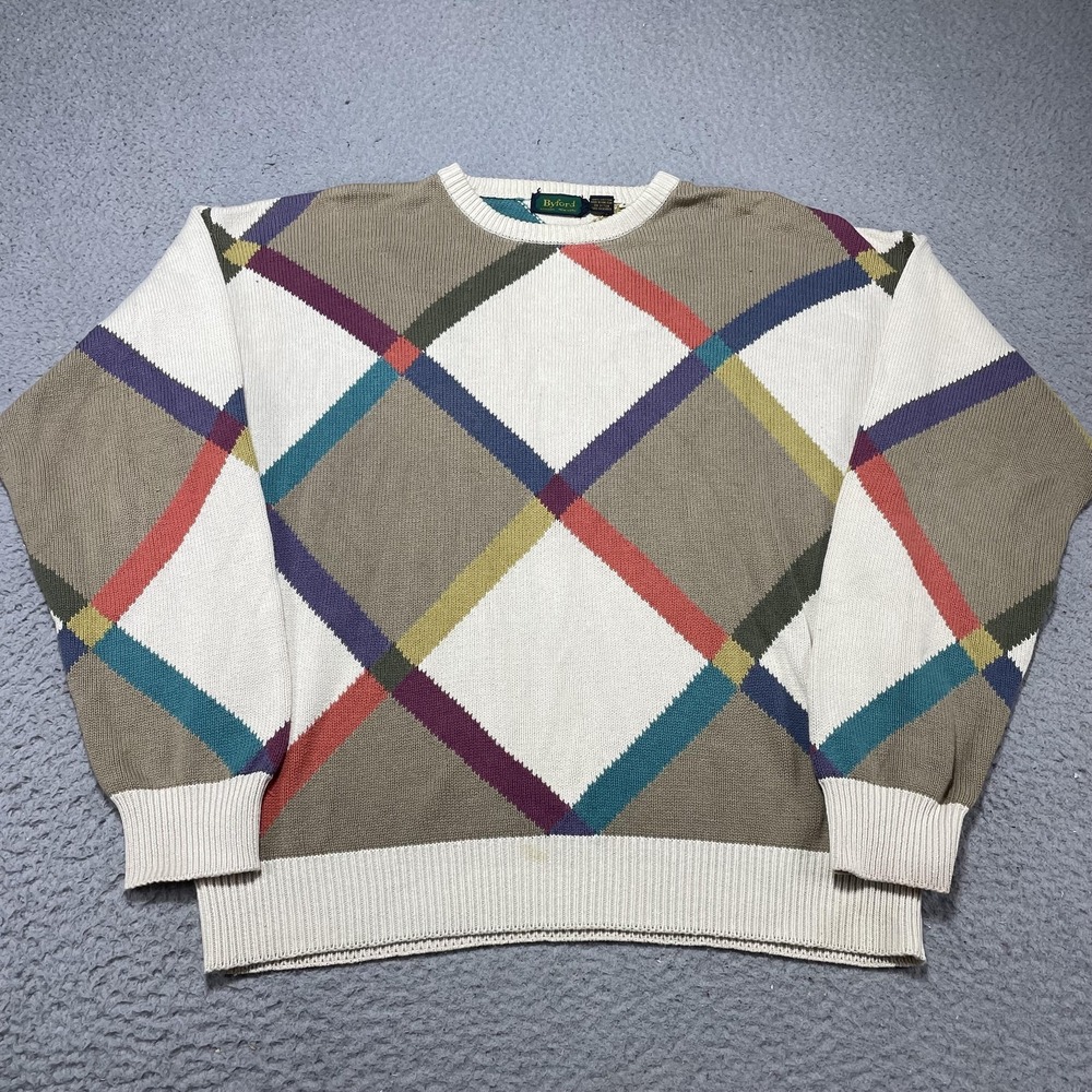 Vintage Byford Sweater Mens XL Multicolor Argyle Knit Crewneck Pullover 80s